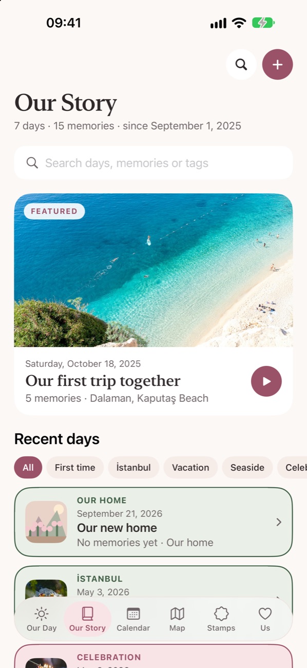 Hearchive Our Story screen: a featured day and recent days